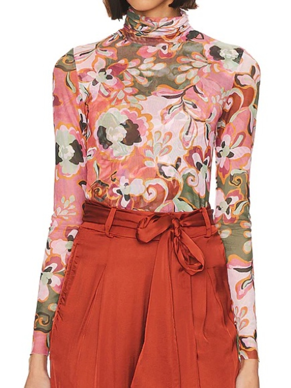 Misa Los Angeles Pink Multicolor Floral Turtleneck Long Sleeve Top